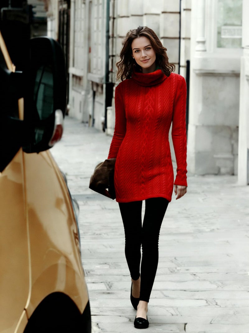 v28 Women Polo Neck Turtleneck Knit Stretchable Elasticity Long Slim Sweater (S,Red) - Image 3